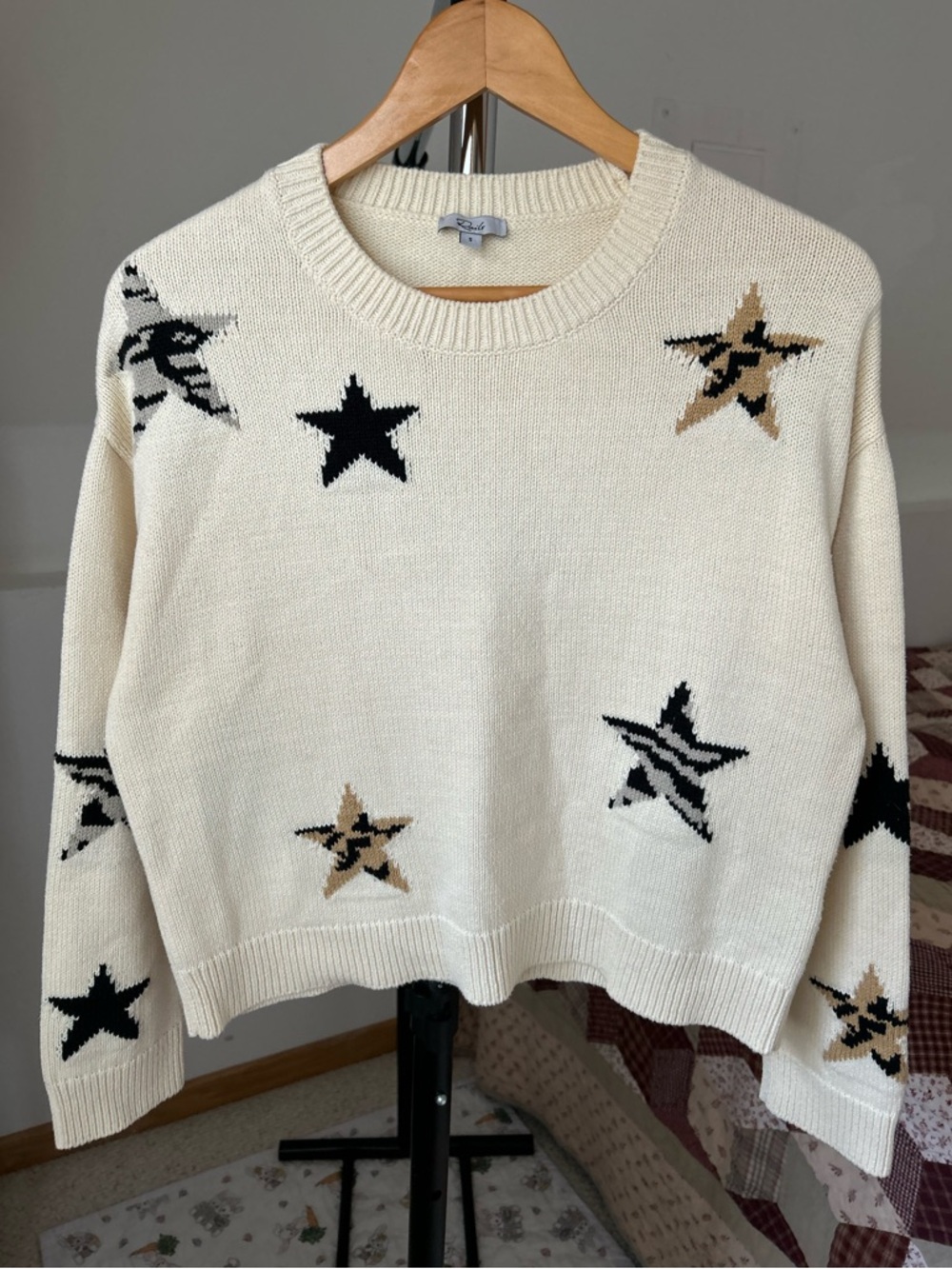 Rails Animal Print Stars Knit Sweater Cream Small